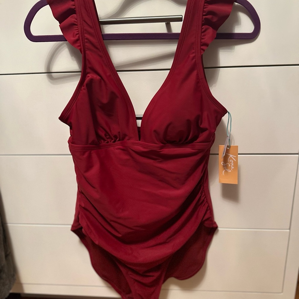 Kona Sol Women's Ruffle Shoulder Ruched Full Coverage OnePiece Swimsuit,Red M